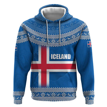 Iceland Flag Hoodie with Icelandic Crest and Traditional Nordic Knit Pattern Design TS04