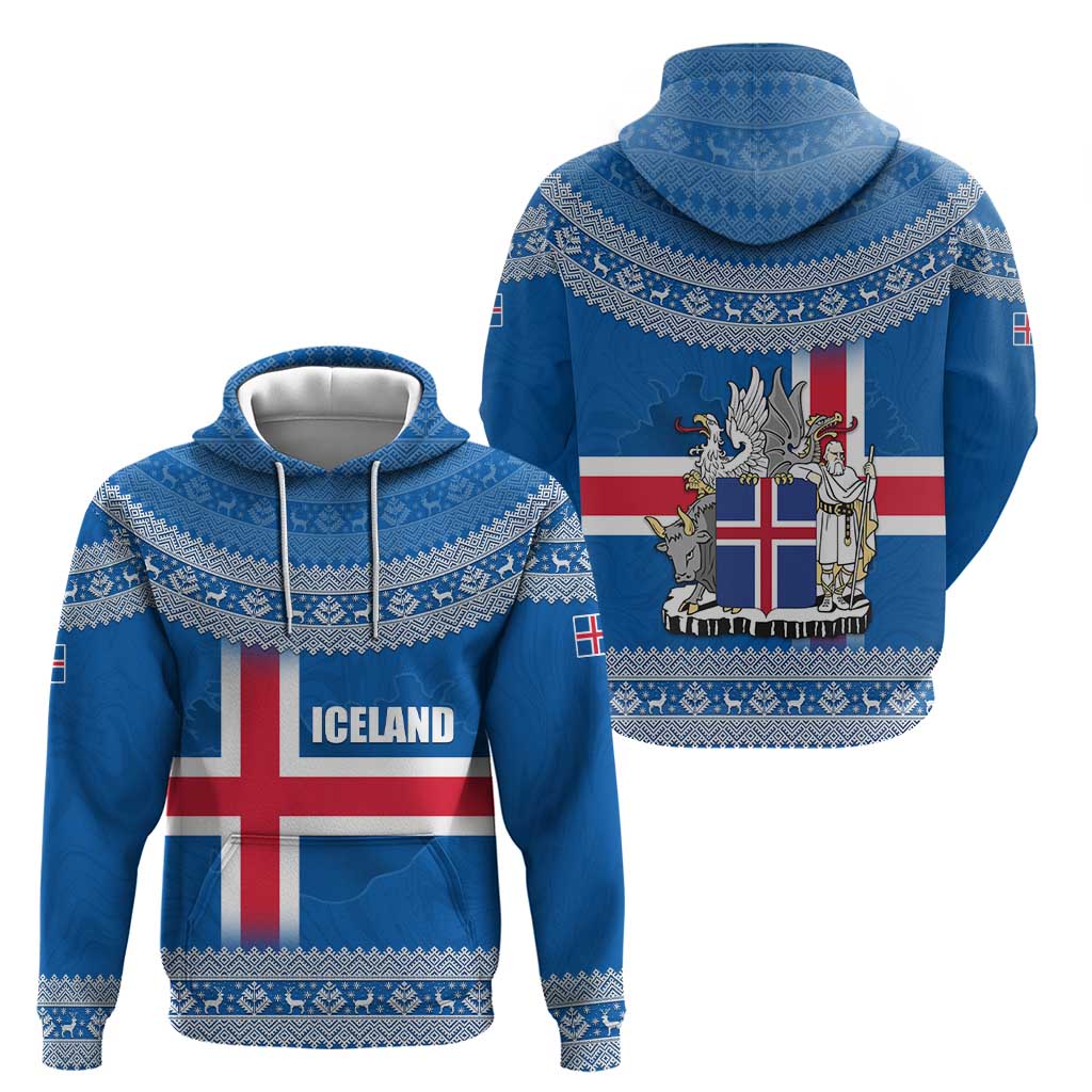 Iceland Flag Hoodie with Icelandic Crest and Traditional Nordic Knit Pattern Design TS04