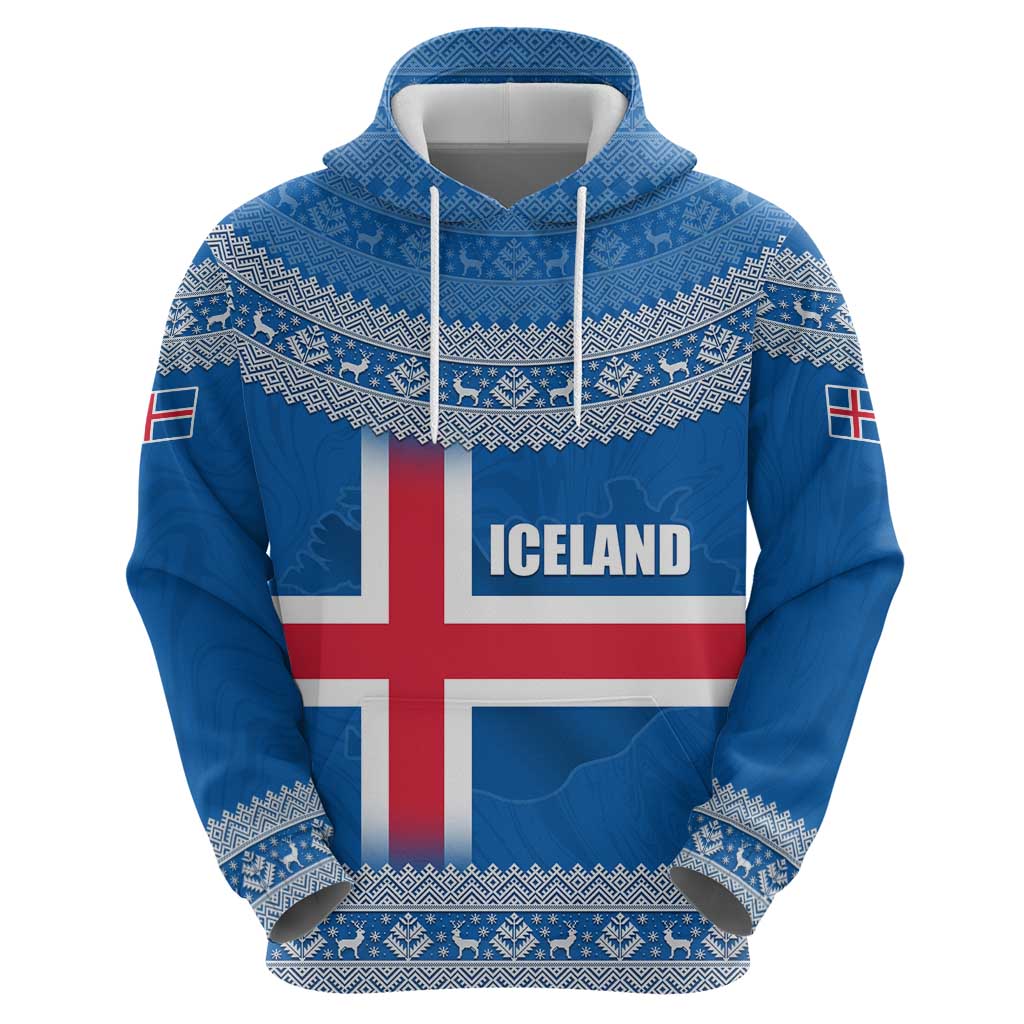 Iceland Flag Hoodie with Icelandic Crest and Traditional Nordic Knit Pattern Design TS04