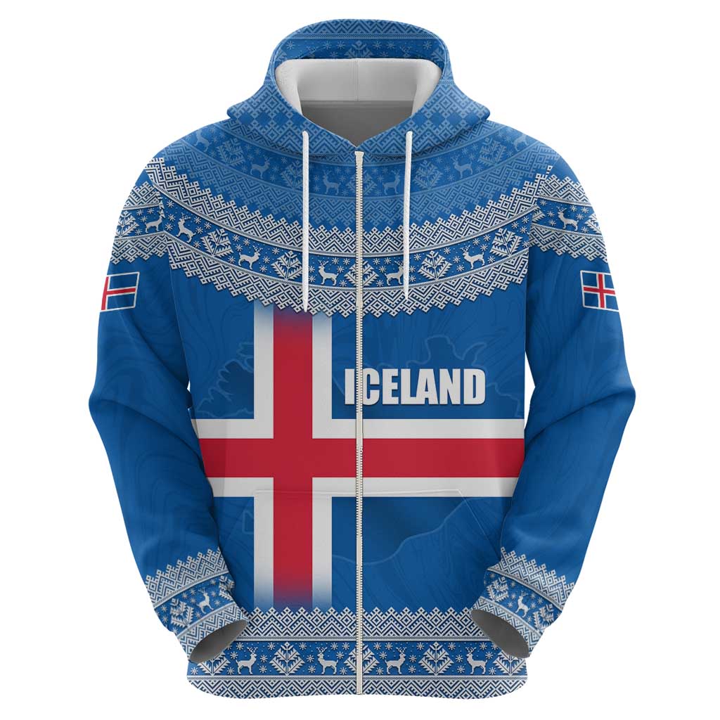 Iceland Flag Hoodie with Icelandic Crest and Traditional Nordic Knit Pattern Design TS04