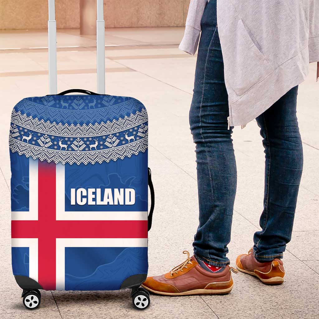 Iceland Flag Luggage Cover with Icelandic Crest and Traditional Nordic Knit Pattern Design TS04