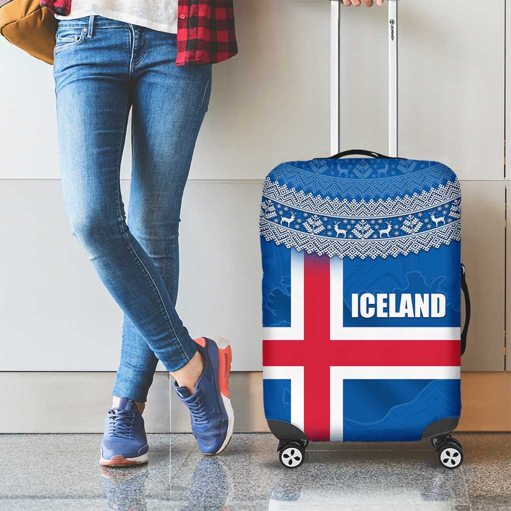 Iceland Flag Luggage Cover with Icelandic Crest and Traditional Nordic Knit Pattern Design TS04