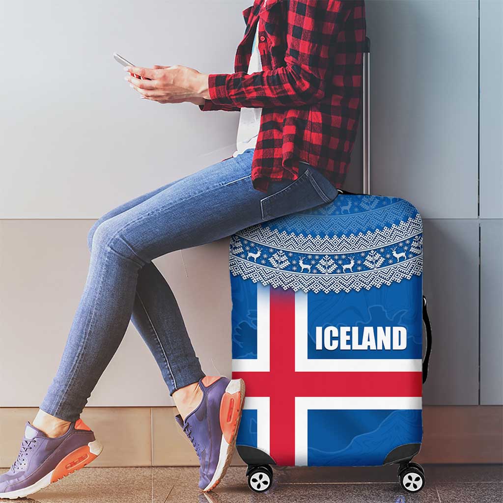 Iceland Flag Luggage Cover with Icelandic Crest and Traditional Nordic Knit Pattern Design TS04