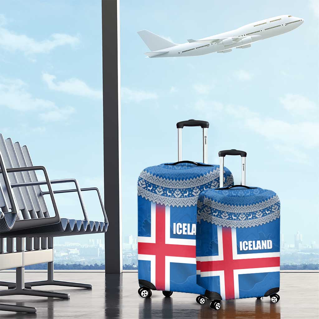 Iceland Flag Luggage Cover with Icelandic Crest and Traditional Nordic Knit Pattern Design TS04