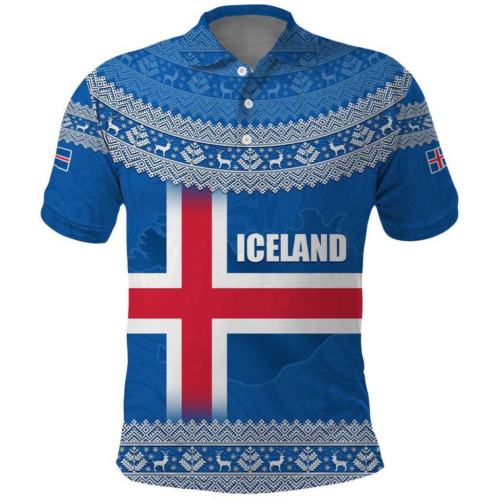 Iceland Flag Polo Shirt with Icelandic Crest and Traditional Nordic Knit Pattern Design TS04