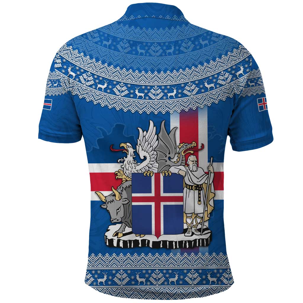 Iceland Flag Polo Shirt with Icelandic Crest and Traditional Nordic Knit Pattern Design TS04