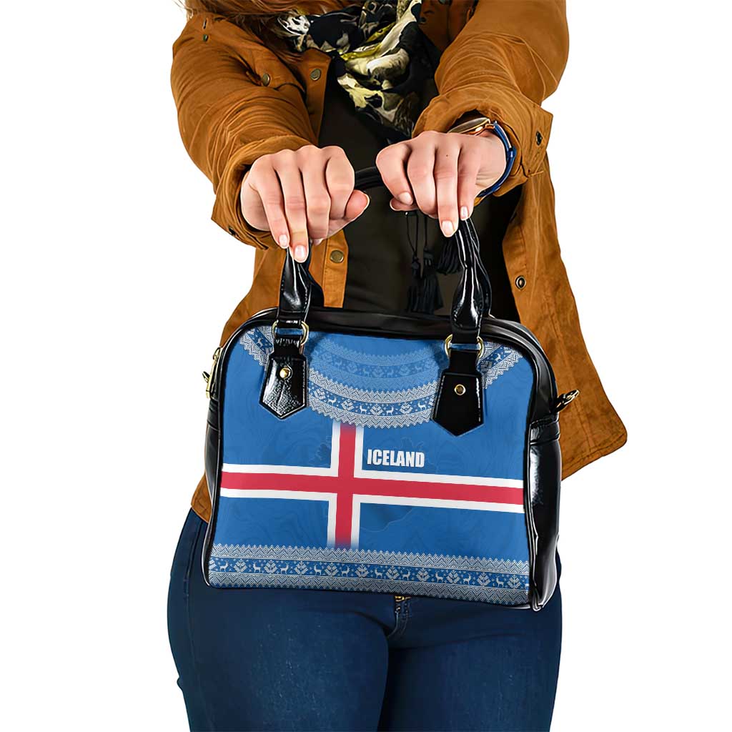 Iceland Flag Shoulder Handbag with Icelandic Crest and Traditional Nordic Knit Pattern Design TS04