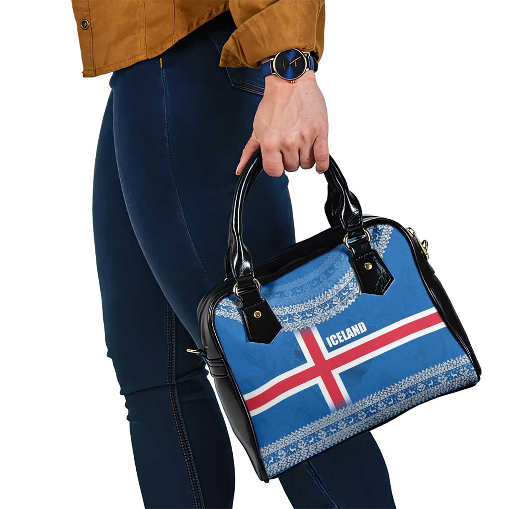 Iceland Flag Shoulder Handbag with Icelandic Crest and Traditional Nordic Knit Pattern Design TS04
