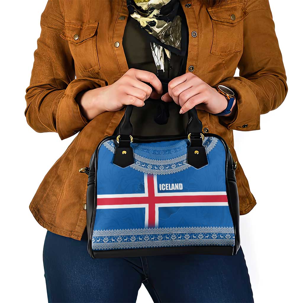 Iceland Flag Shoulder Handbag with Icelandic Crest and Traditional Nordic Knit Pattern Design TS04