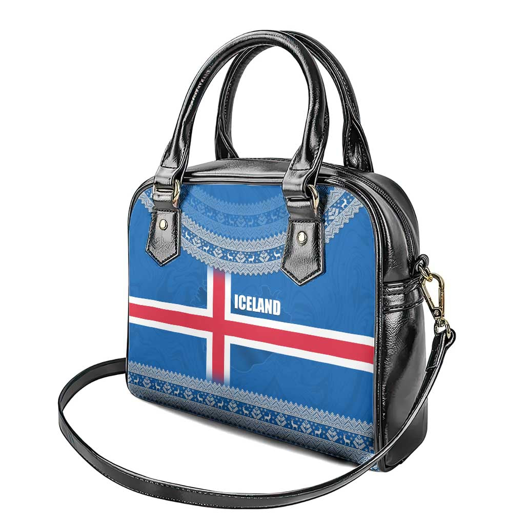Iceland Flag Shoulder Handbag with Icelandic Crest and Traditional Nordic Knit Pattern Design TS04