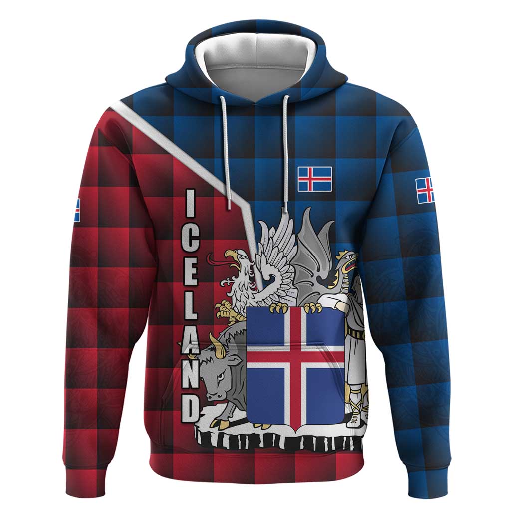 Iceland Crest Hoodie with Viking Dragon and Icelandic Flag Plaid Pattern TS04