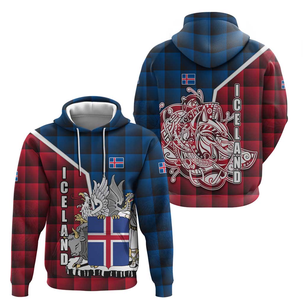 Iceland Crest Hoodie with Viking Dragon and Icelandic Flag Plaid Pattern TS04