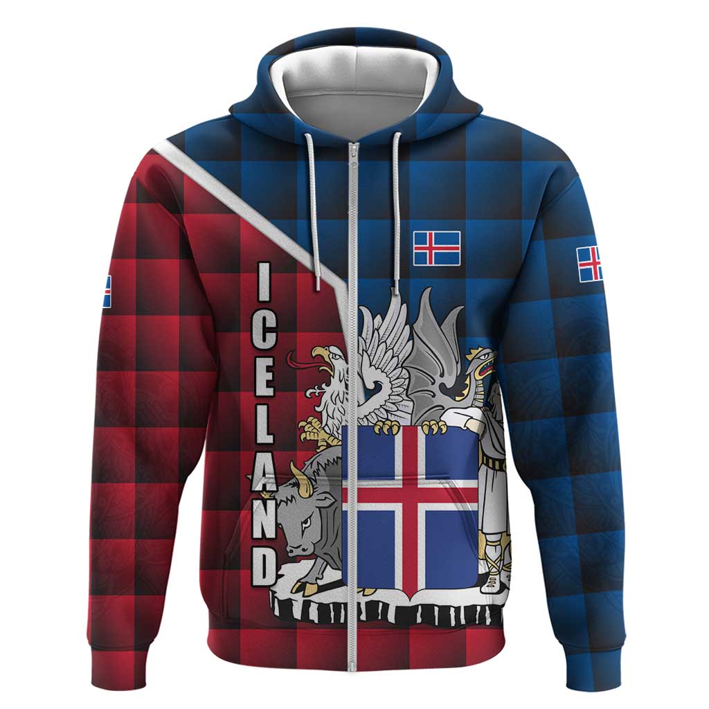 Iceland Crest Hoodie with Viking Dragon and Icelandic Flag Plaid Pattern TS04