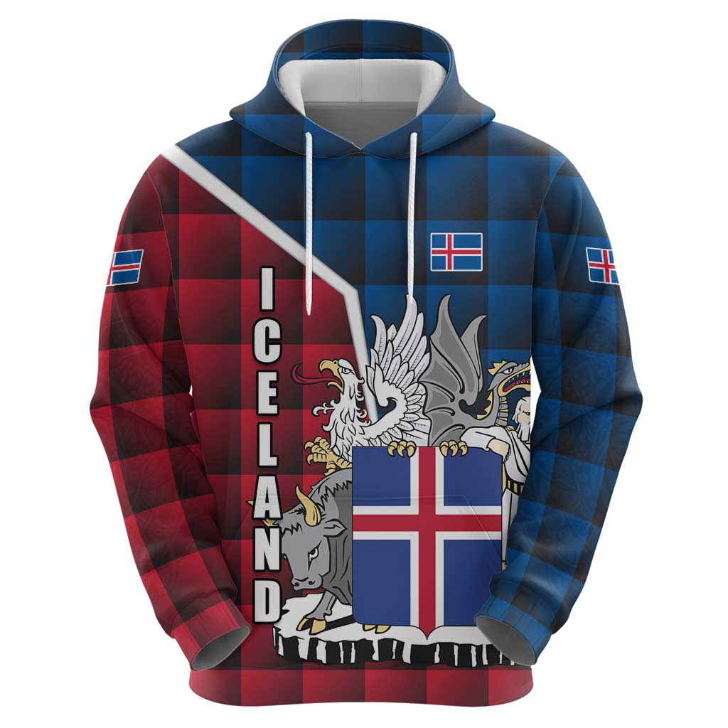 Iceland Crest Hoodie with Viking Dragon and Icelandic Flag Plaid Pattern TS04