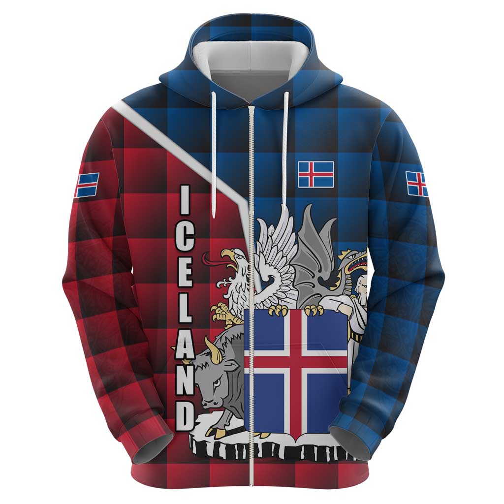Iceland Crest Hoodie with Viking Dragon and Icelandic Flag Plaid Pattern TS04