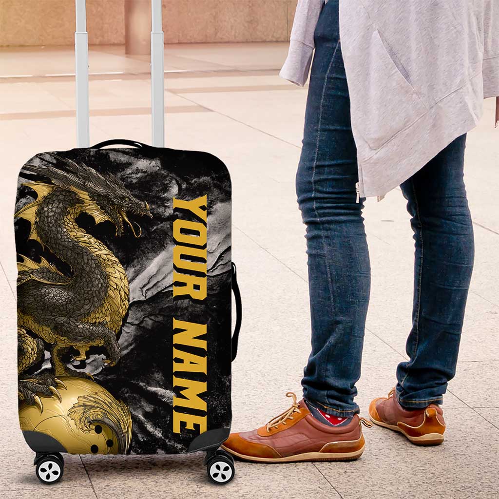 Golden Dragon and Bowling Ball Design Luggage Cover with Marble Stone Texture and Custom Team Name Text TS04