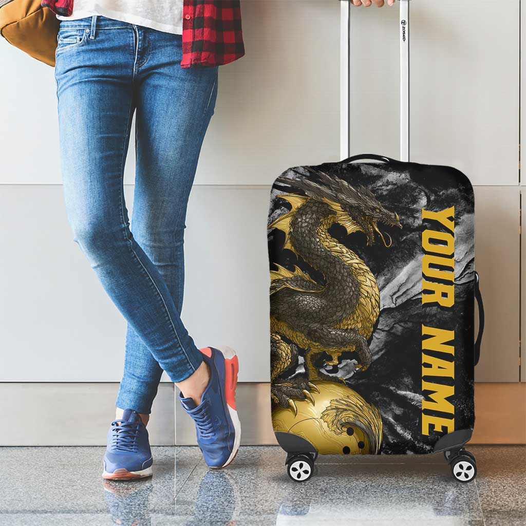 Golden Dragon and Bowling Ball Design Luggage Cover with Marble Stone Texture and Custom Team Name Text TS04