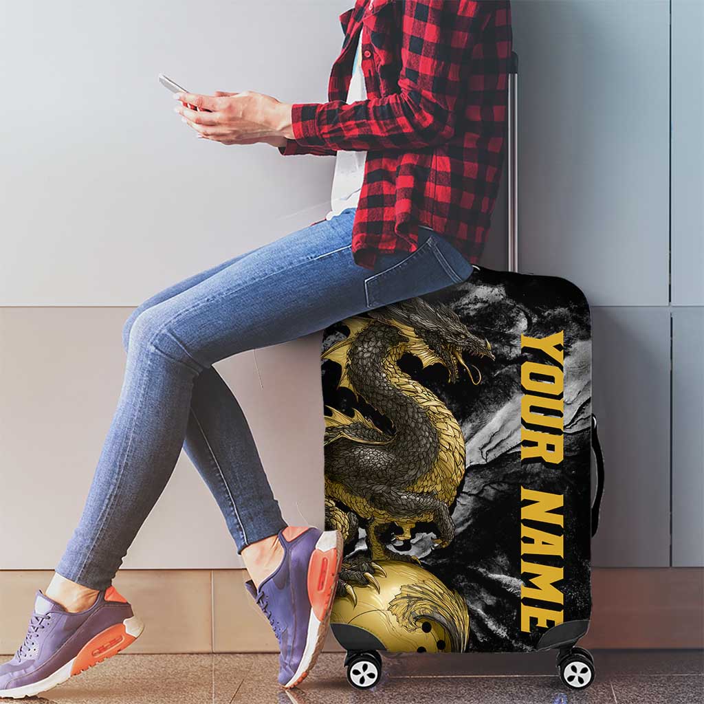 Golden Dragon and Bowling Ball Design Luggage Cover with Marble Stone Texture and Custom Team Name Text TS04