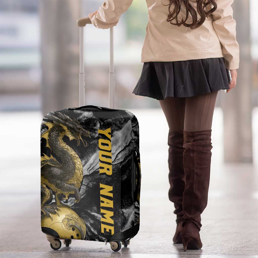 Golden Dragon and Bowling Ball Design Luggage Cover with Marble Stone Texture and Custom Team Name Text TS04