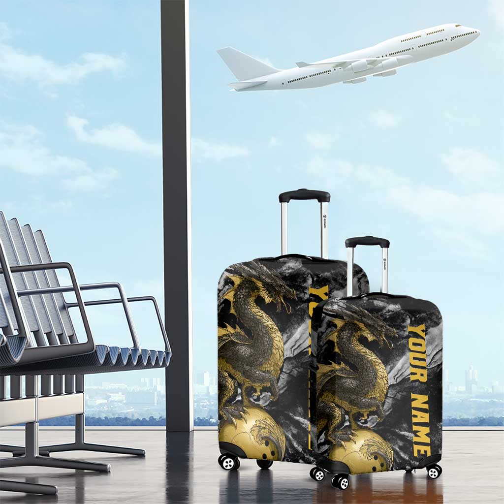 Golden Dragon and Bowling Ball Design Luggage Cover with Marble Stone Texture and Custom Team Name Text TS04