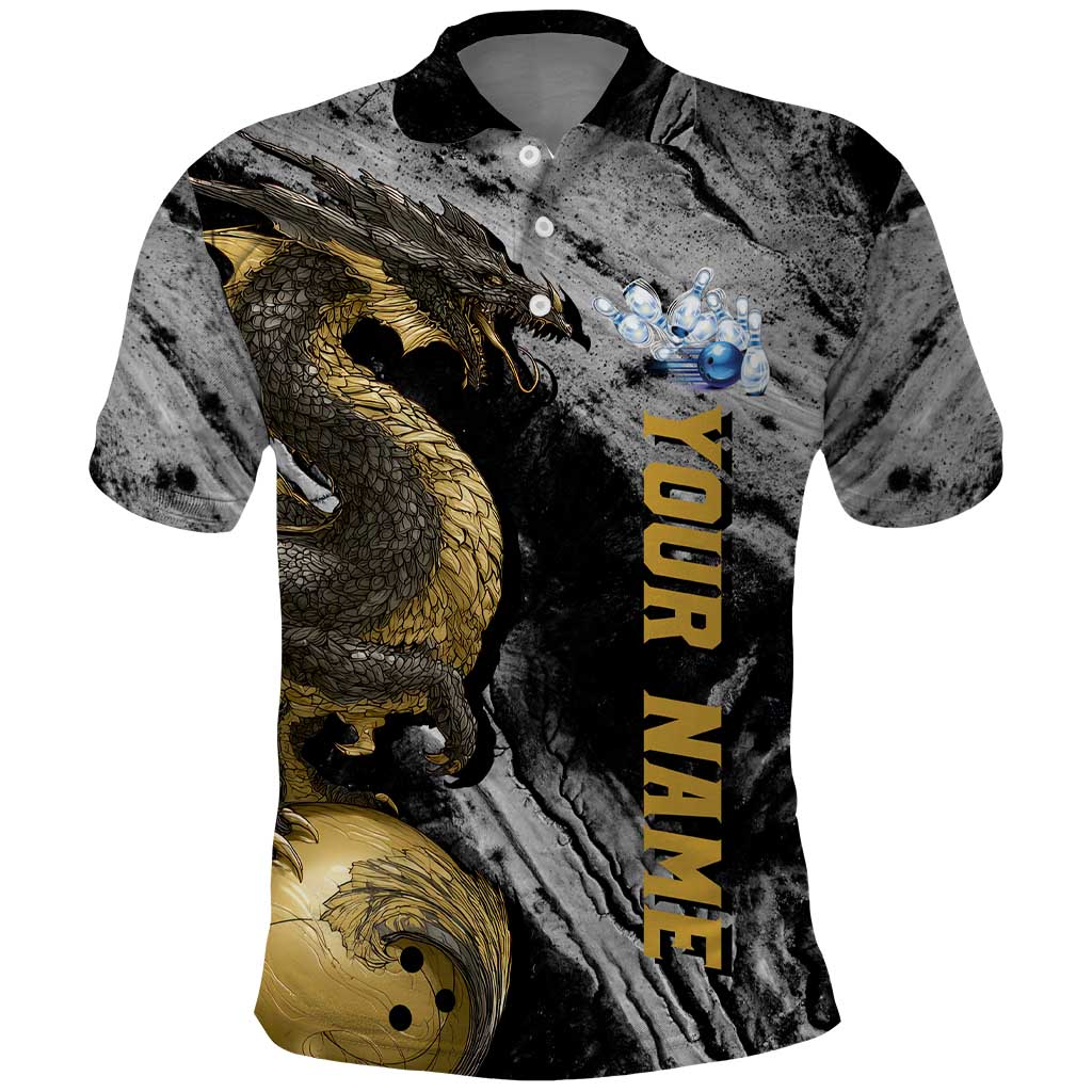 Golden Dragon and Bowling Ball Design Polo Shirt with Marble Stone Texture and Custom Team Name Text TS04