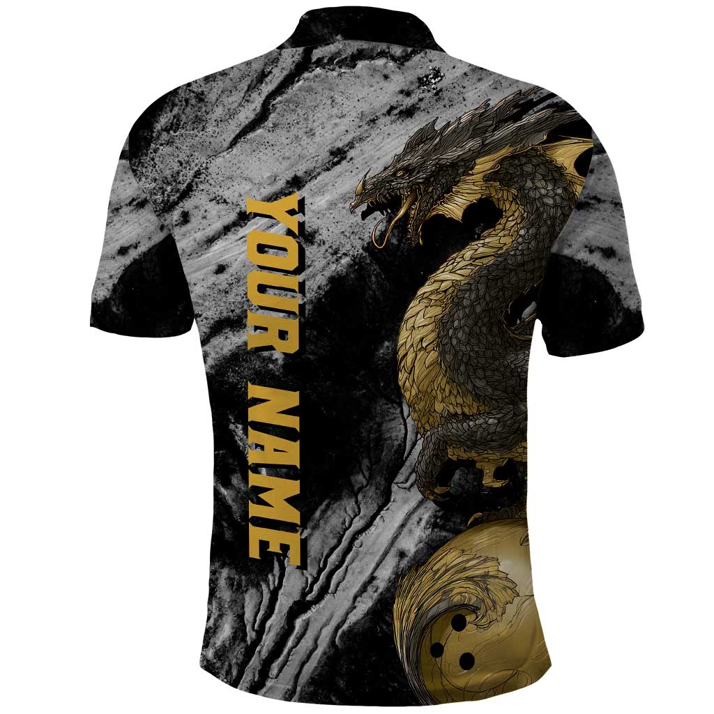 Golden Dragon and Bowling Ball Design Polo Shirt with Marble Stone Texture and Custom Team Name Text TS04