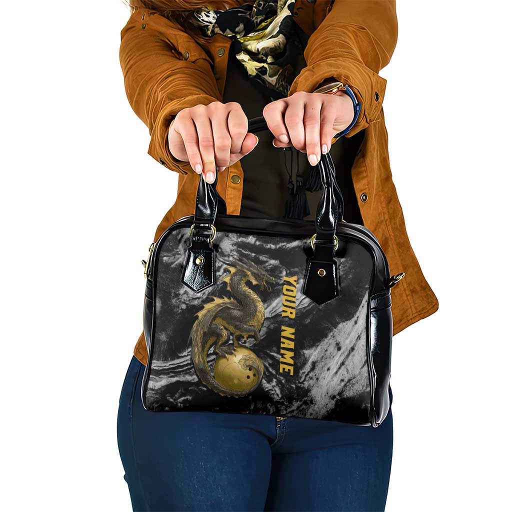 Golden Dragon and Bowling Ball Design Shoulder Handbag with Marble Stone Texture and Custom Team Name Text TS04