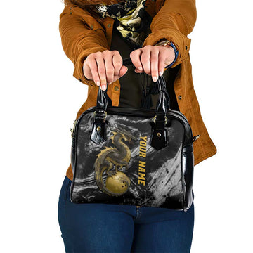 Golden Dragon and Bowling Ball Design Shoulder Handbag with Marble Stone Texture and Custom Team Name Text TS04