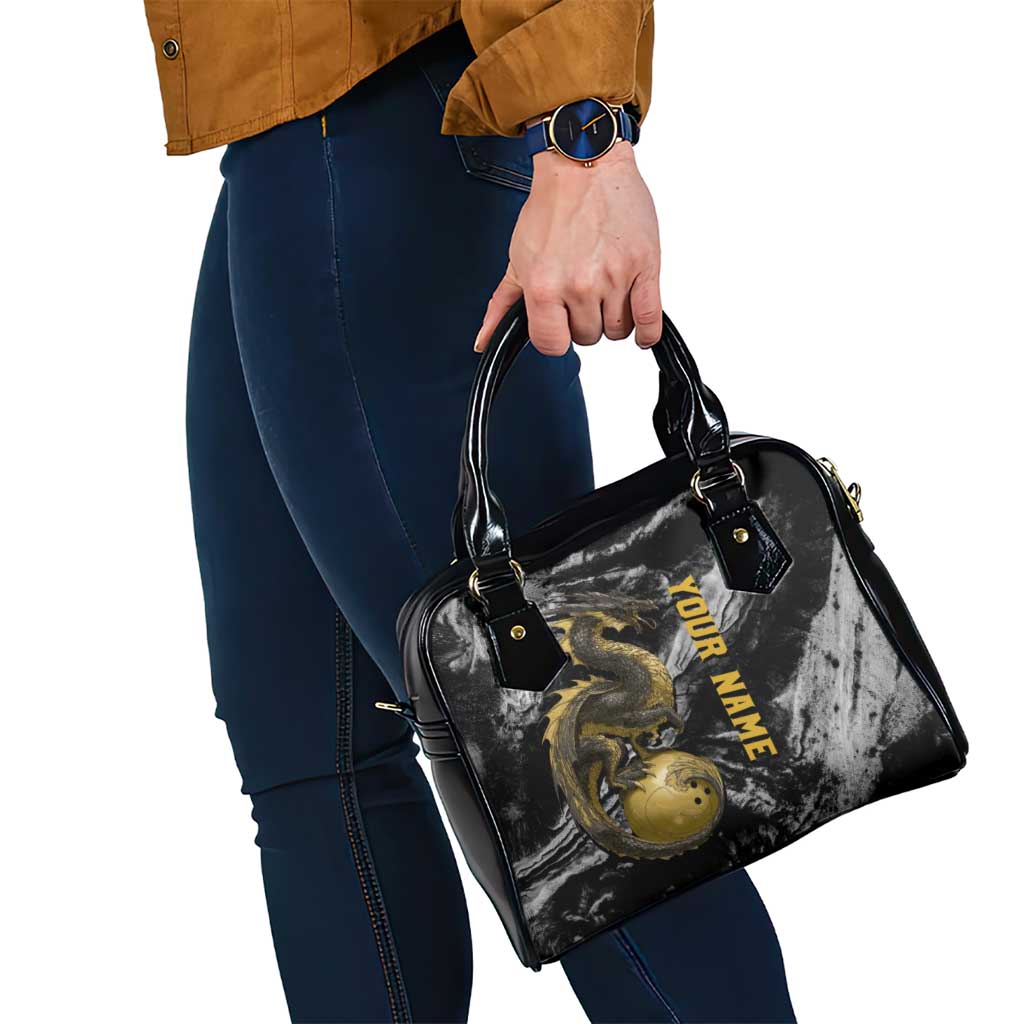 Golden Dragon and Bowling Ball Design Shoulder Handbag with Marble Stone Texture and Custom Team Name Text TS04