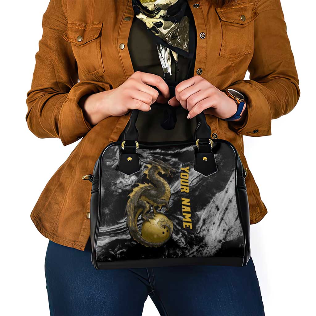Golden Dragon and Bowling Ball Design Shoulder Handbag with Marble Stone Texture and Custom Team Name Text TS04