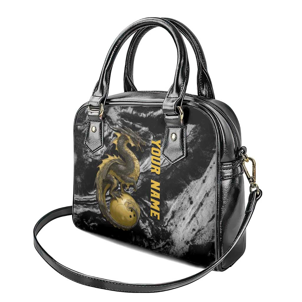 Golden Dragon and Bowling Ball Design Shoulder Handbag with Marble Stone Texture and Custom Team Name Text TS04