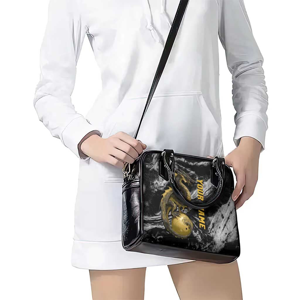 Golden Dragon and Bowling Ball Design Shoulder Handbag with Marble Stone Texture and Custom Team Name Text TS04