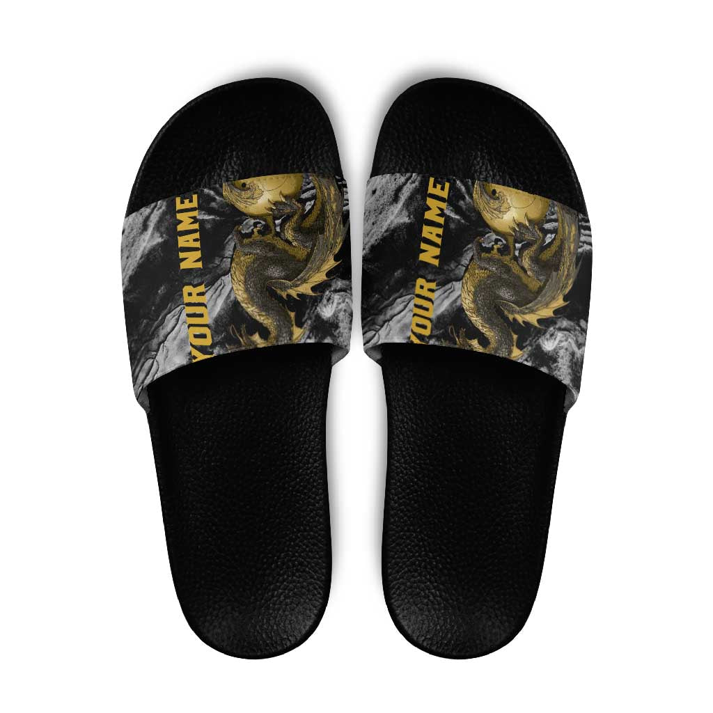 Golden Dragon and Bowling Ball Design Slide Sandals with Marble Stone Texture and Custom Team Name Text TS04