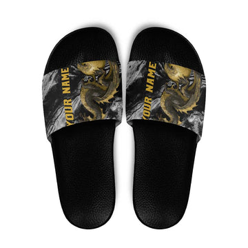 Golden Dragon and Bowling Ball Design Slide Sandals with Marble Stone Texture and Custom Team Name Text TS04