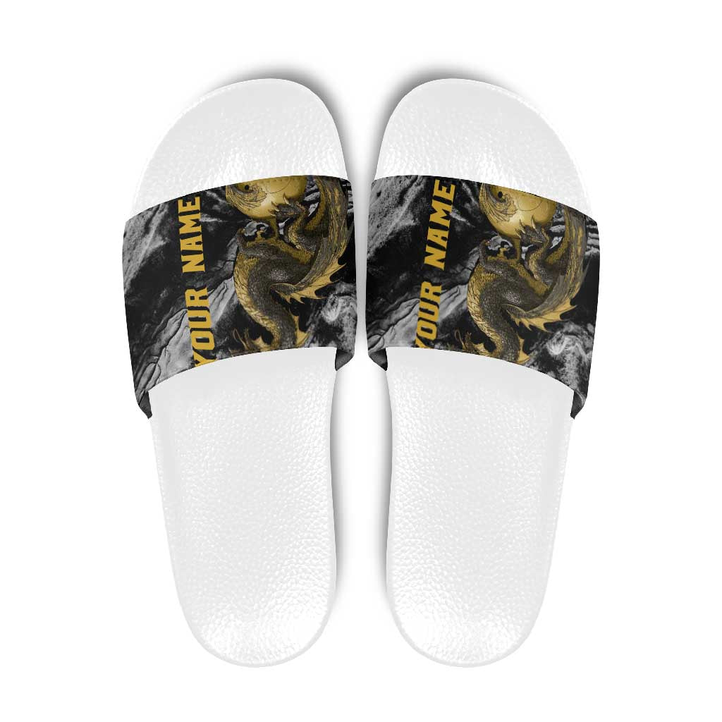 Golden Dragon and Bowling Ball Design Slide Sandals with Marble Stone Texture and Custom Team Name Text TS04