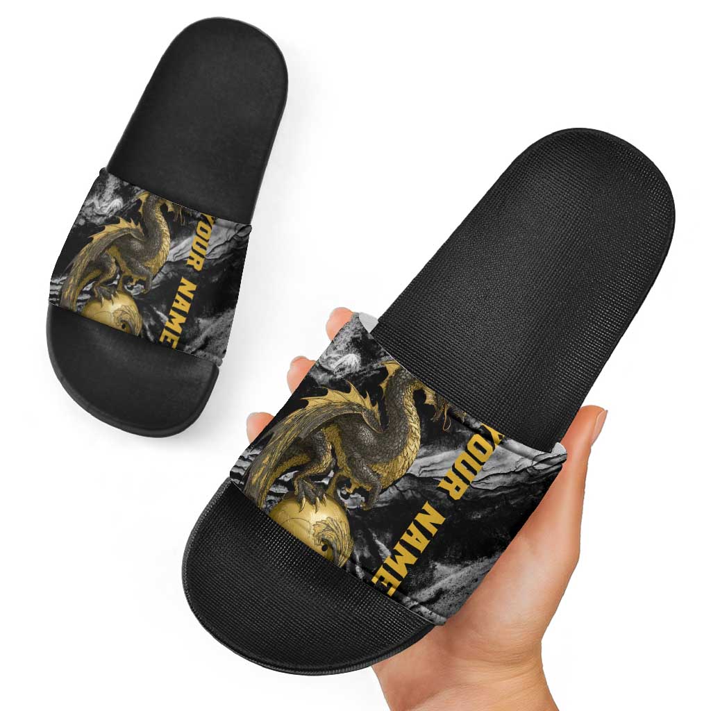 Golden Dragon and Bowling Ball Design Slide Sandals with Marble Stone Texture and Custom Team Name Text TS04