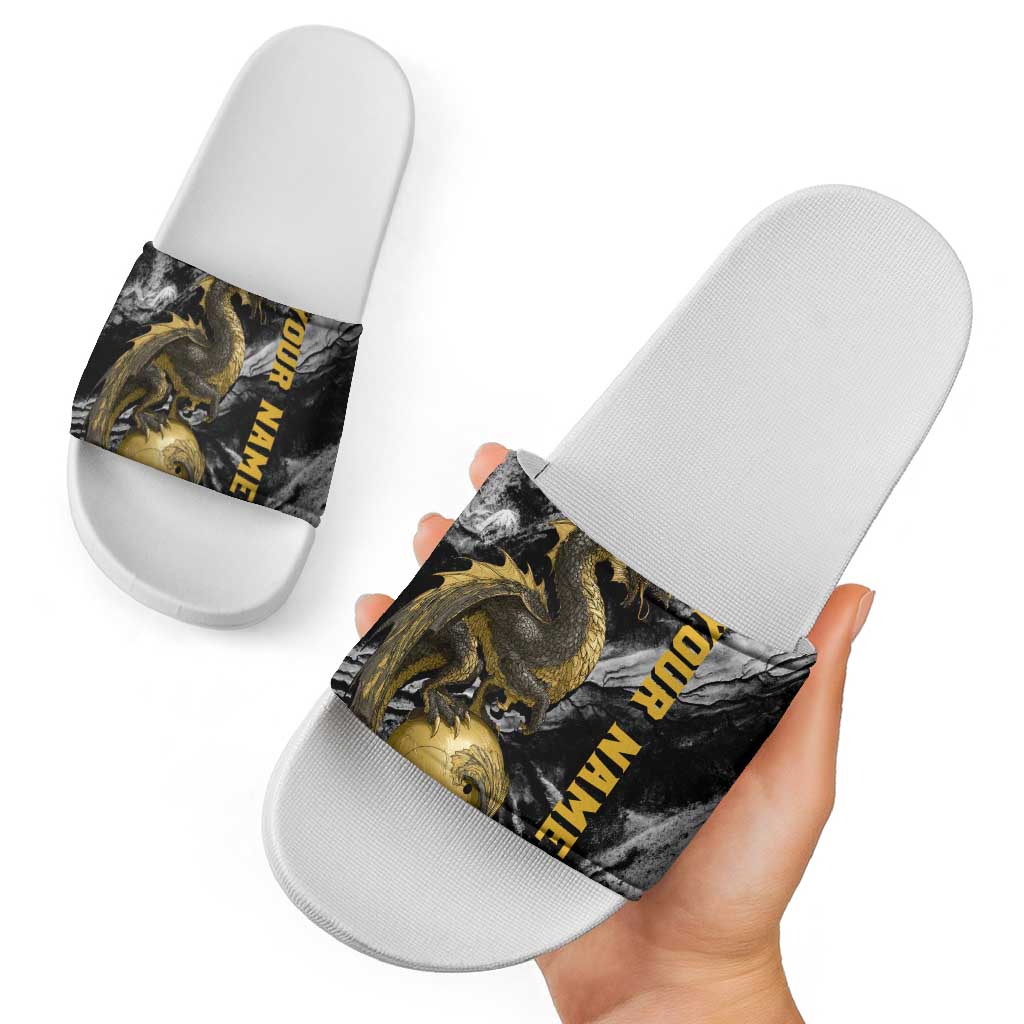 Golden Dragon and Bowling Ball Design Slide Sandals with Marble Stone Texture and Custom Team Name Text TS04