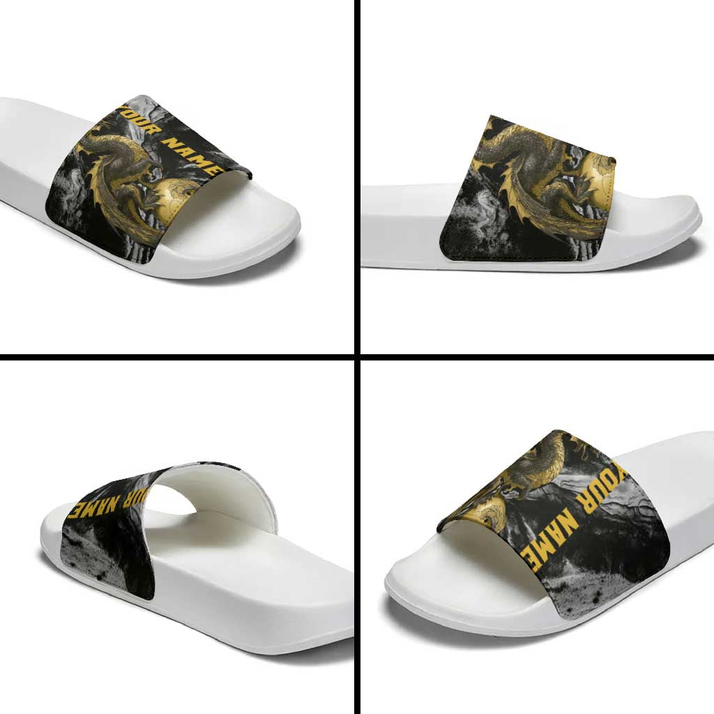 Golden Dragon and Bowling Ball Design Slide Sandals with Marble Stone Texture and Custom Team Name Text TS04