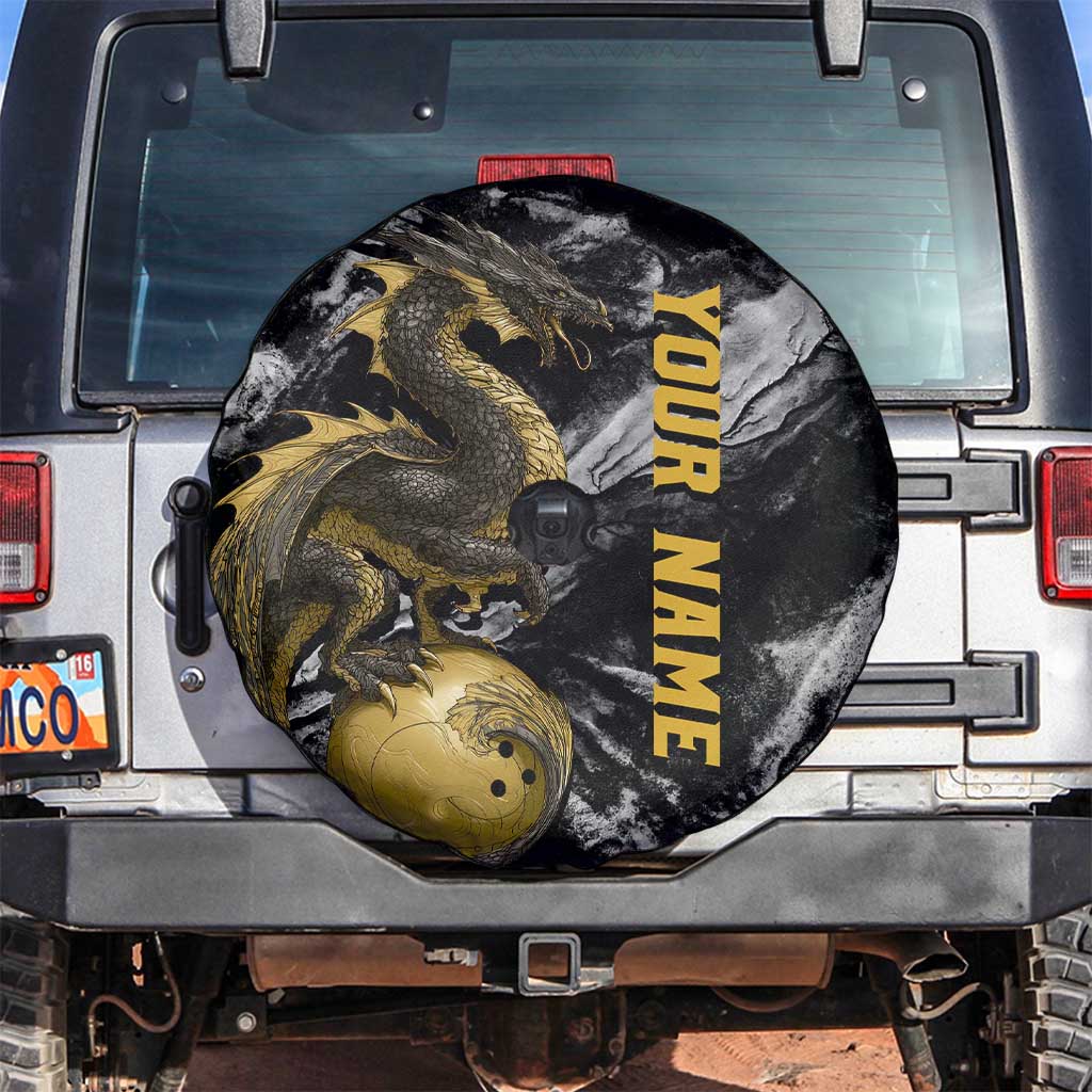 Golden Dragon and Bowling Ball Design Spare Tire Cover with Marble Stone Texture and Custom Team Name Text TS04