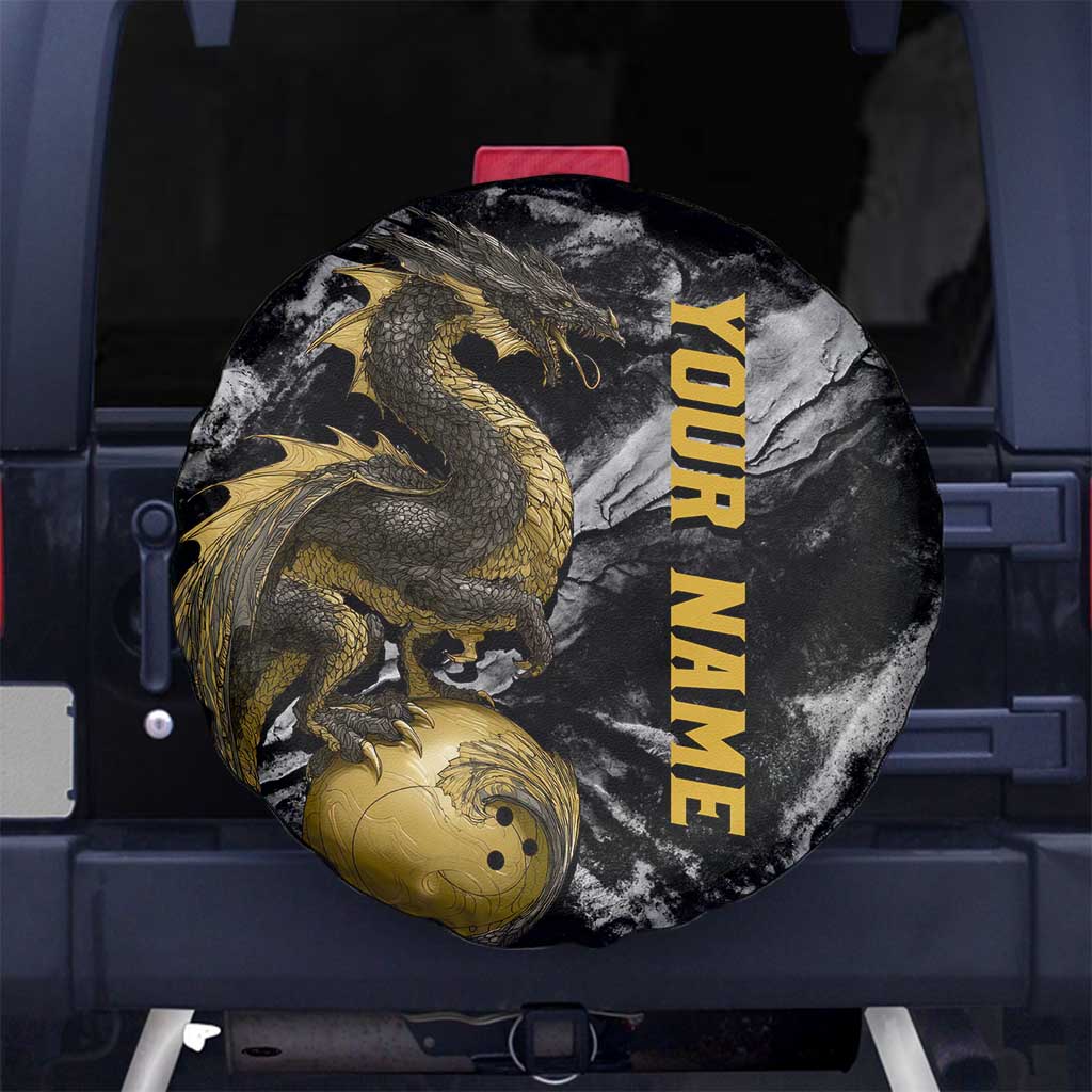 Golden Dragon and Bowling Ball Design Spare Tire Cover with Marble Stone Texture and Custom Team Name Text TS04