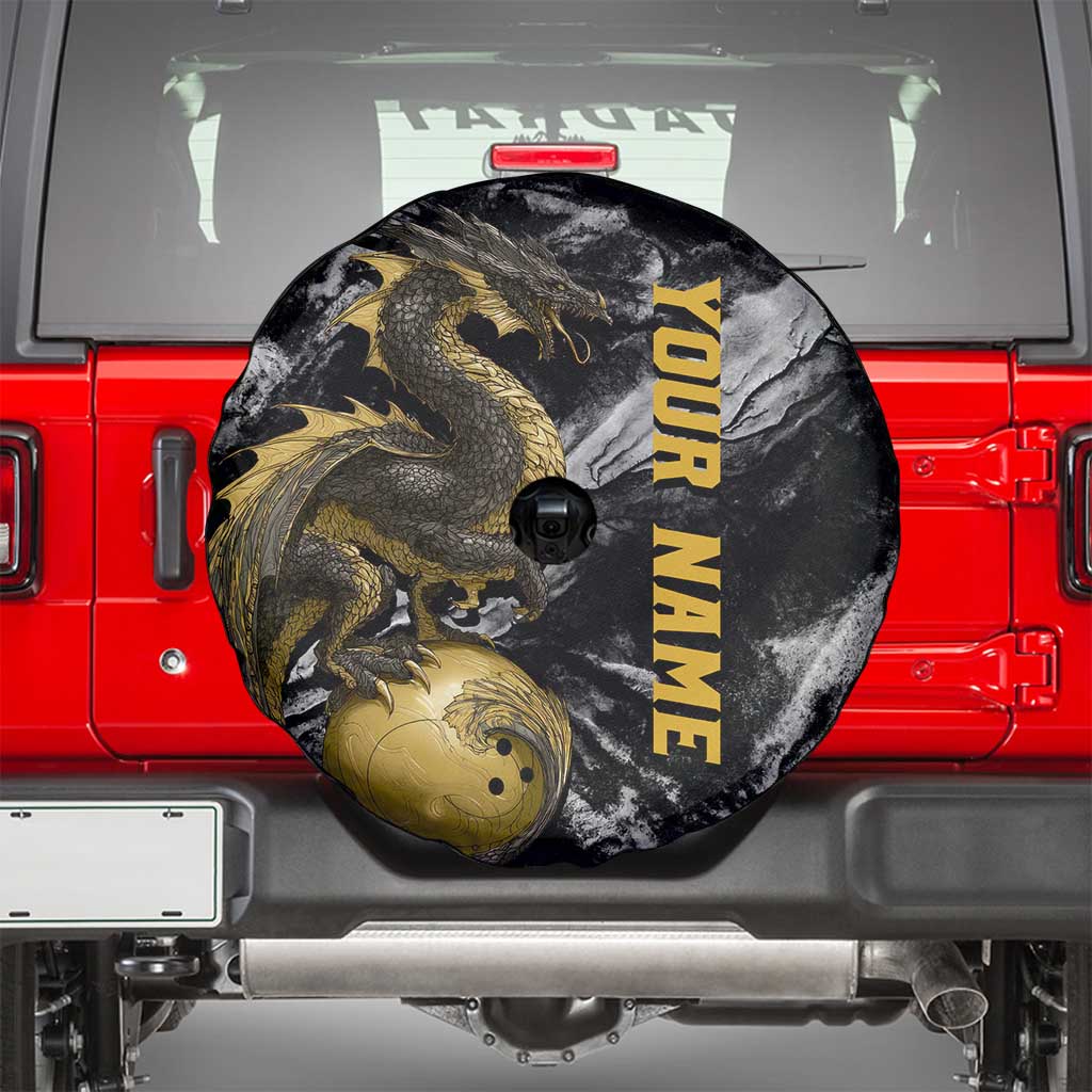 Golden Dragon and Bowling Ball Design Spare Tire Cover with Marble Stone Texture and Custom Team Name Text TS04