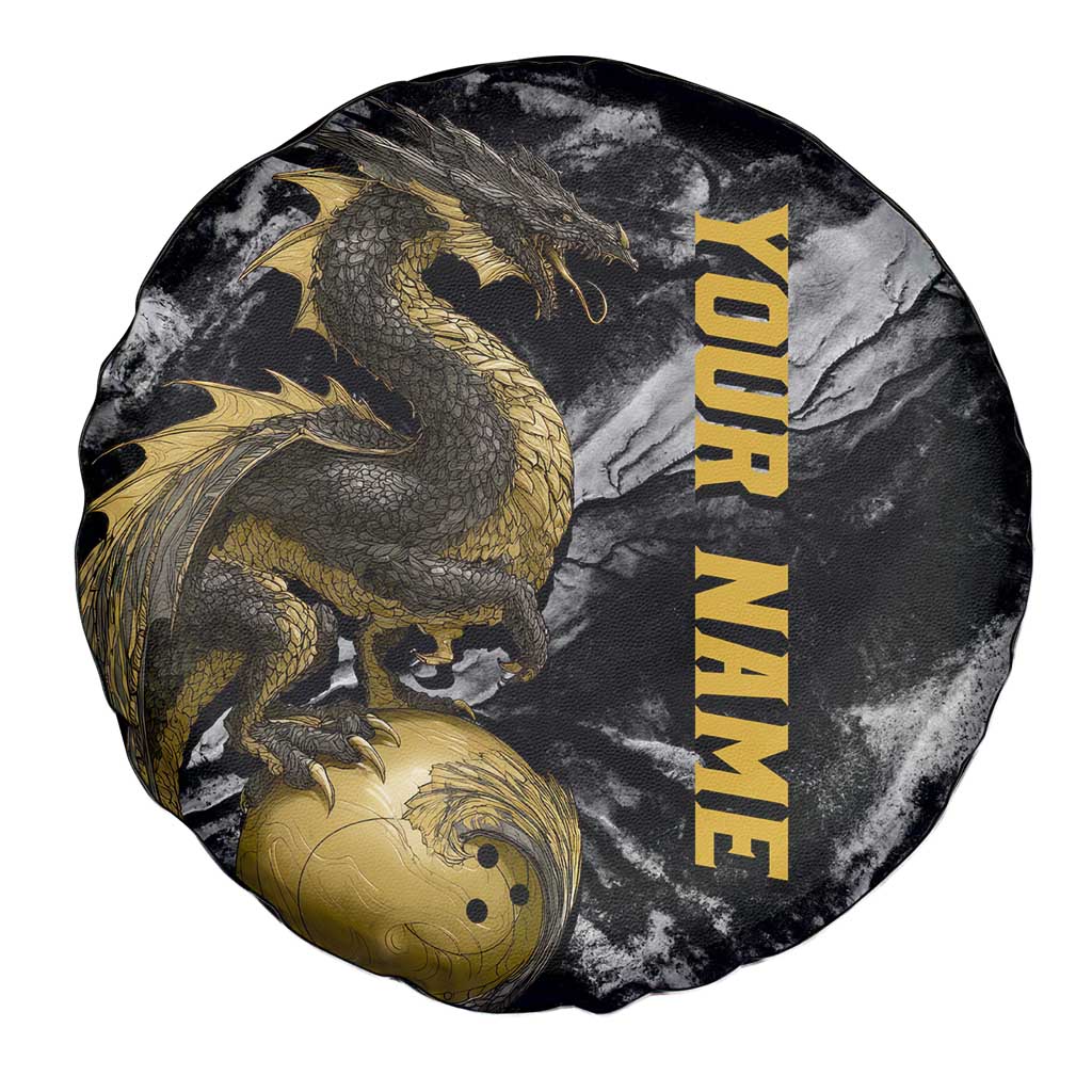 Golden Dragon and Bowling Ball Design Spare Tire Cover with Marble Stone Texture and Custom Team Name Text TS04