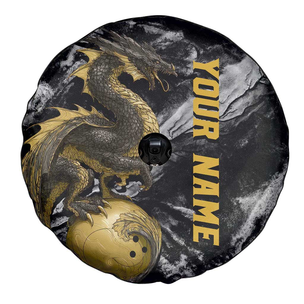 Golden Dragon and Bowling Ball Design Spare Tire Cover with Marble Stone Texture and Custom Team Name Text TS04