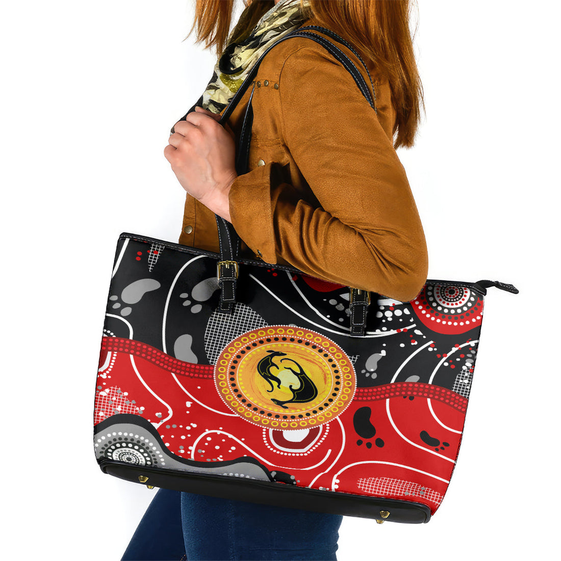 Aboriginal Flag Style Dot Art And Abstract Kangaroo Leather Tote Bag TS04