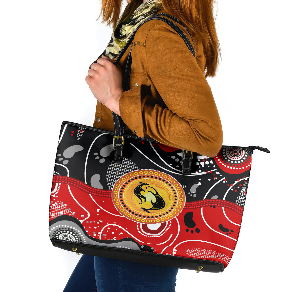 Aboriginal Flag Style Dot Art And Abstract Kangaroo Leather Tote Bag TS04