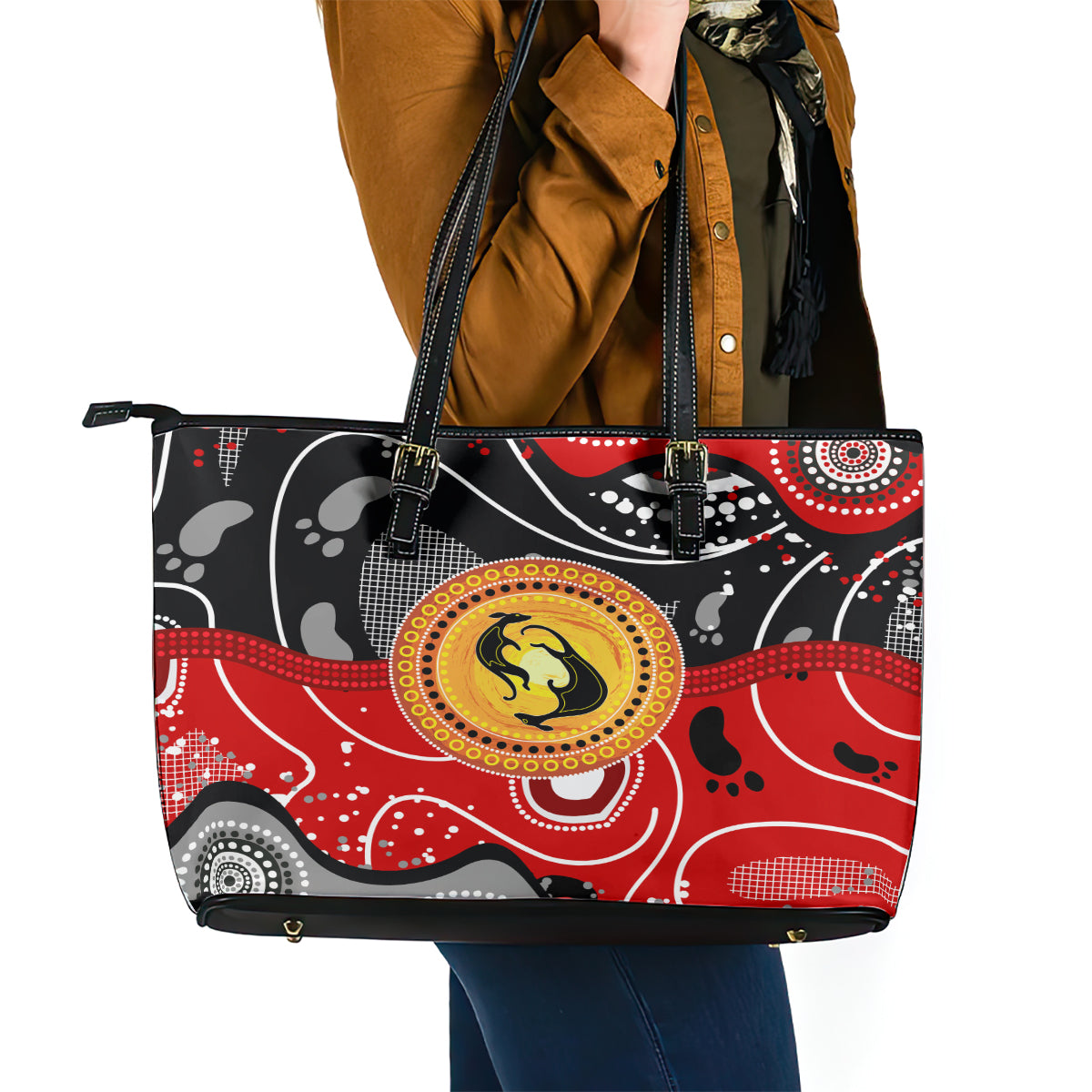 Aboriginal Flag Style Dot Art And Abstract Kangaroo Leather Tote Bag TS04