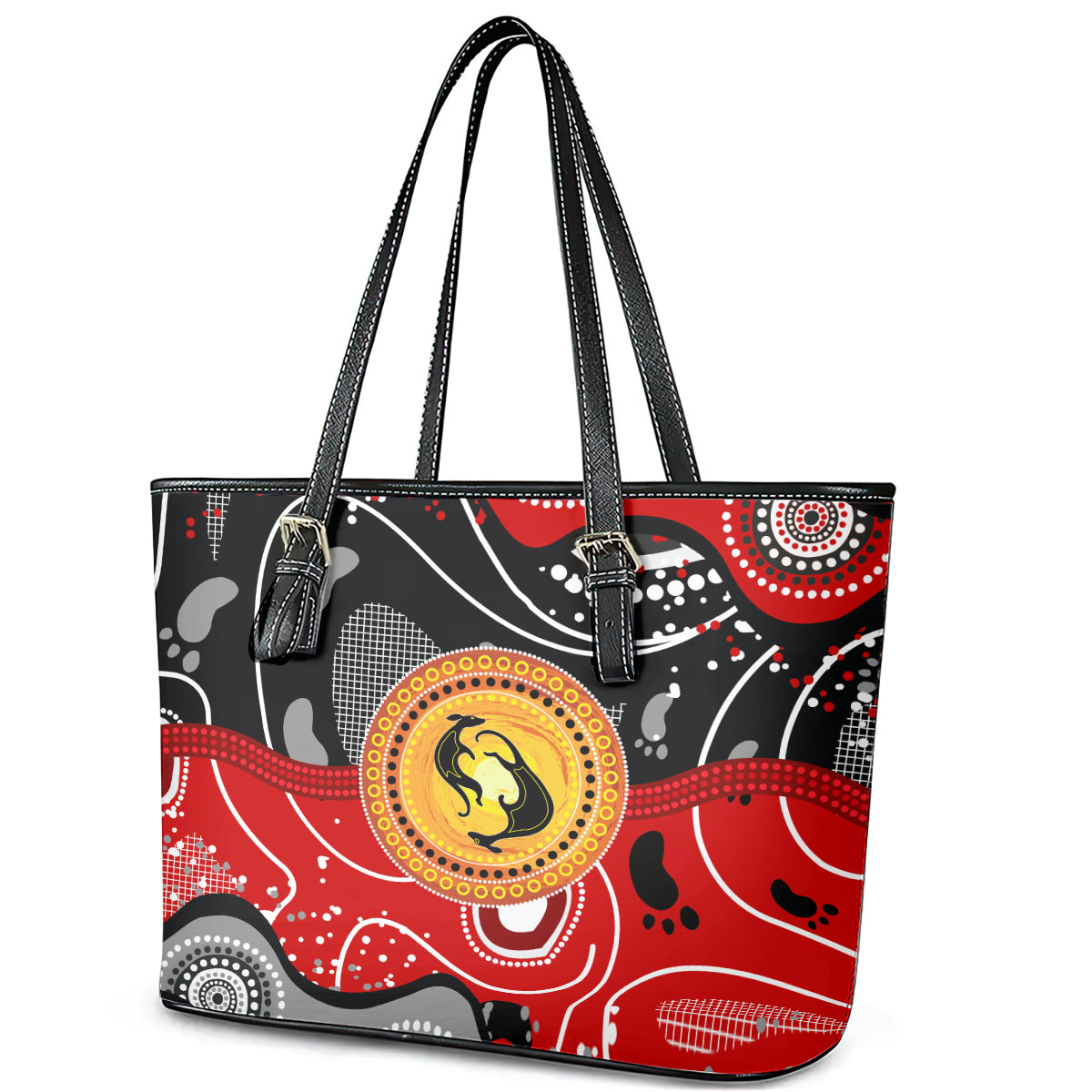 Aboriginal Flag Style Dot Art And Abstract Kangaroo Leather Tote Bag TS04