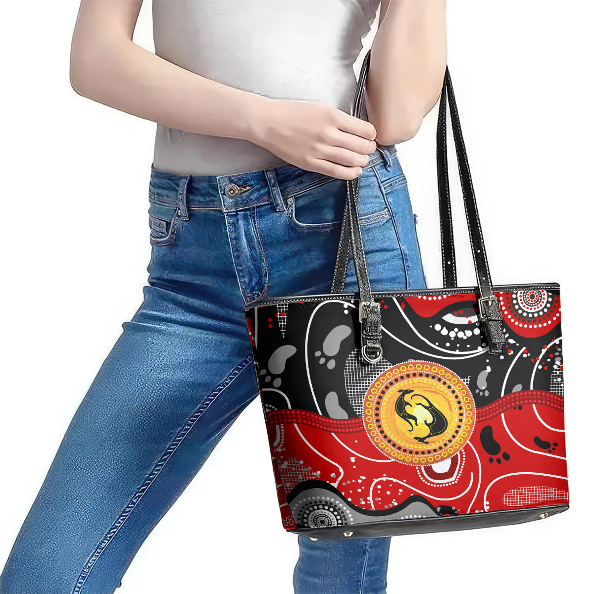 Aboriginal Flag Style Dot Art And Abstract Kangaroo Leather Tote Bag TS04