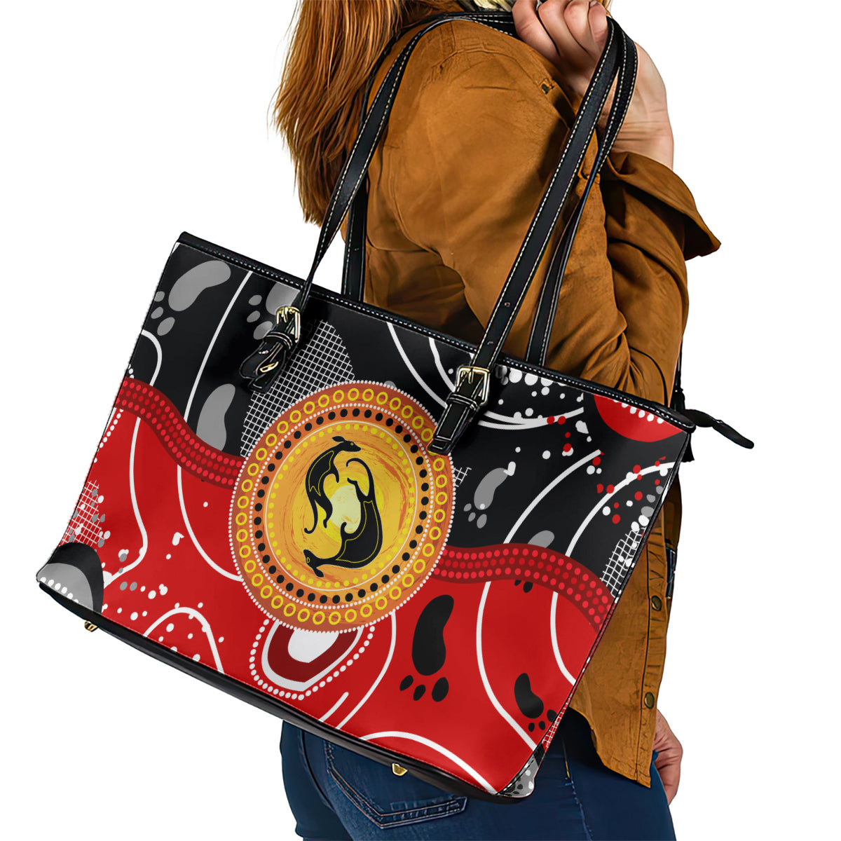 Aboriginal Flag Style Dot Art And Abstract Kangaroo Leather Tote Bag TS04