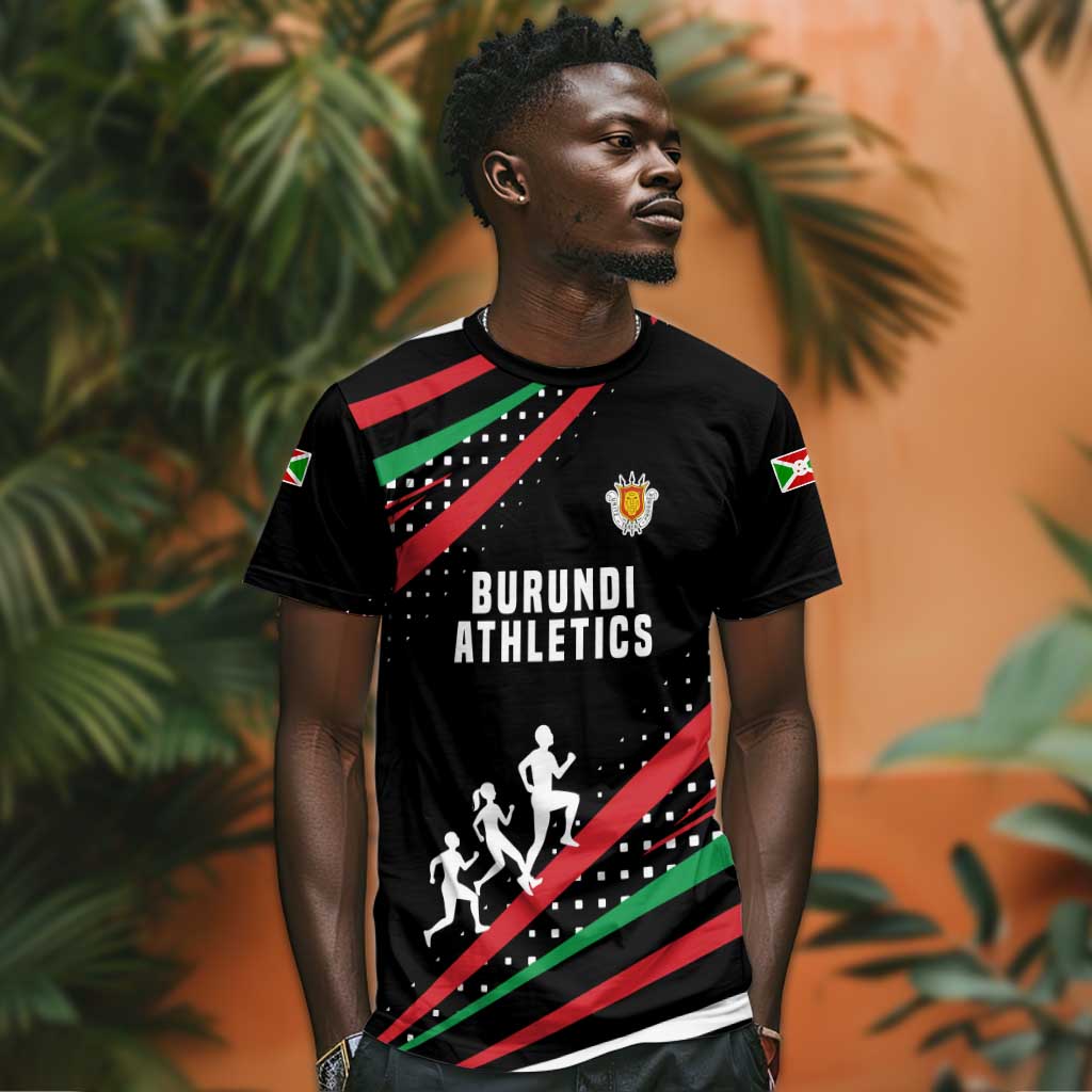 Burundi T shirt with Athletics Runners Black Red Green Flag Spirit TS04